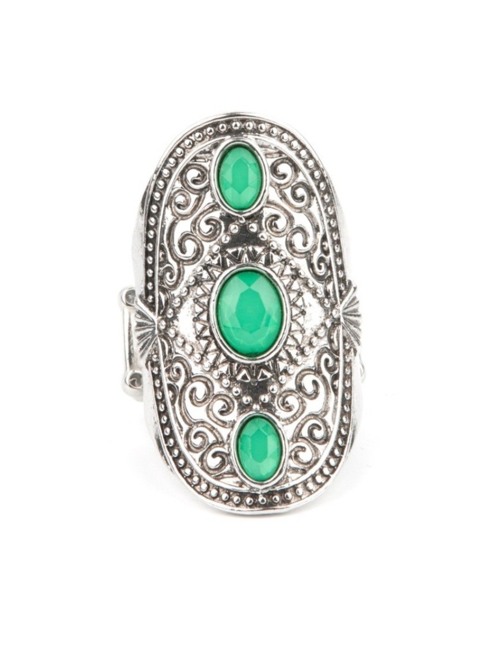Promenade Paradise Paparazzi Silver-Tone Filigree Ring with Green Stones